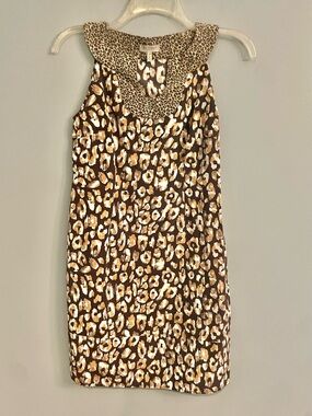 Vintage Silk Cotton Blend Leopard Print Shift Dress with Contrast Collar